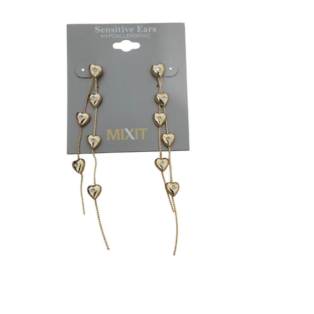 MIXIT Gold Tone Heart Rhinestone Chain Dangle Earrings Hypoallergenic